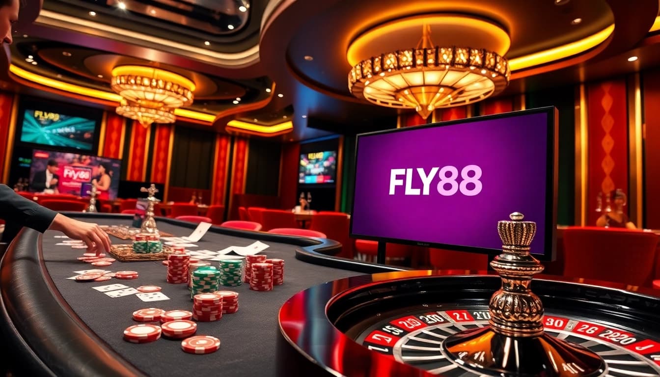 Experience thrilling casino action at FLY88.COM with vibrant poker tables and live dealers.