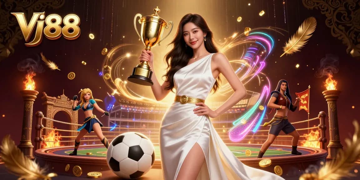 Vj88 showcases thrilling sports betting with a confident Asian woman holding a trophy against a dynamic backdrop.