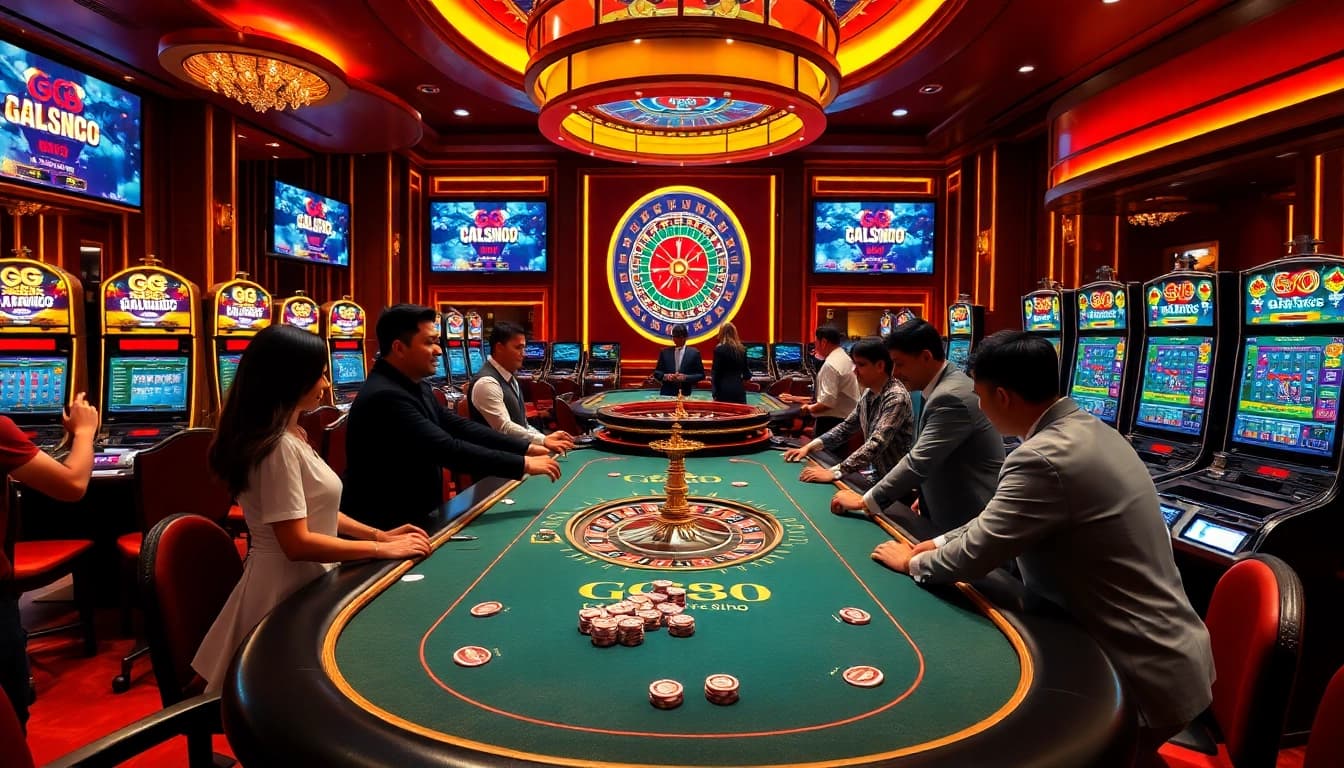 Players enjoy an exciting game at the GG 88 casino table, surrounded by vibrant slot machines.