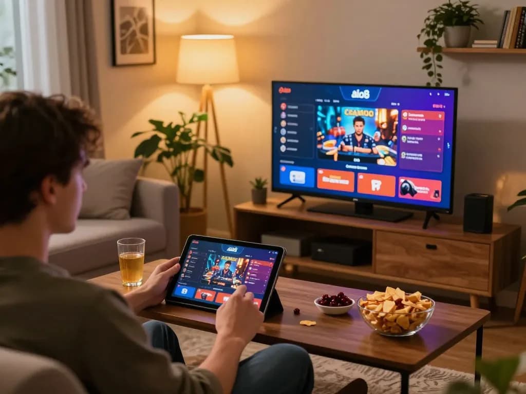 Player navigating the alo8 app on tablet during an online gaming session in a cozy home.