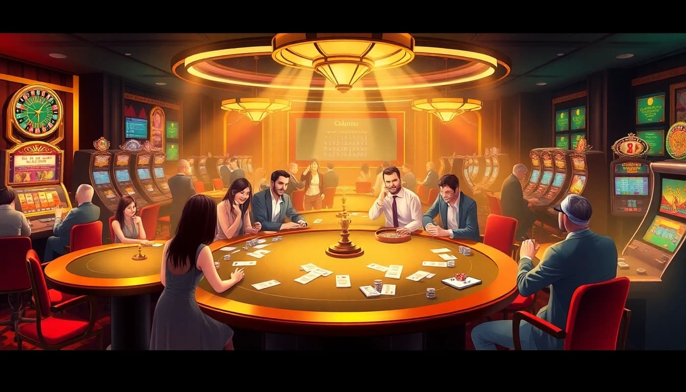 Excited players enjoying various games at kkwin casino including poker and roulette.