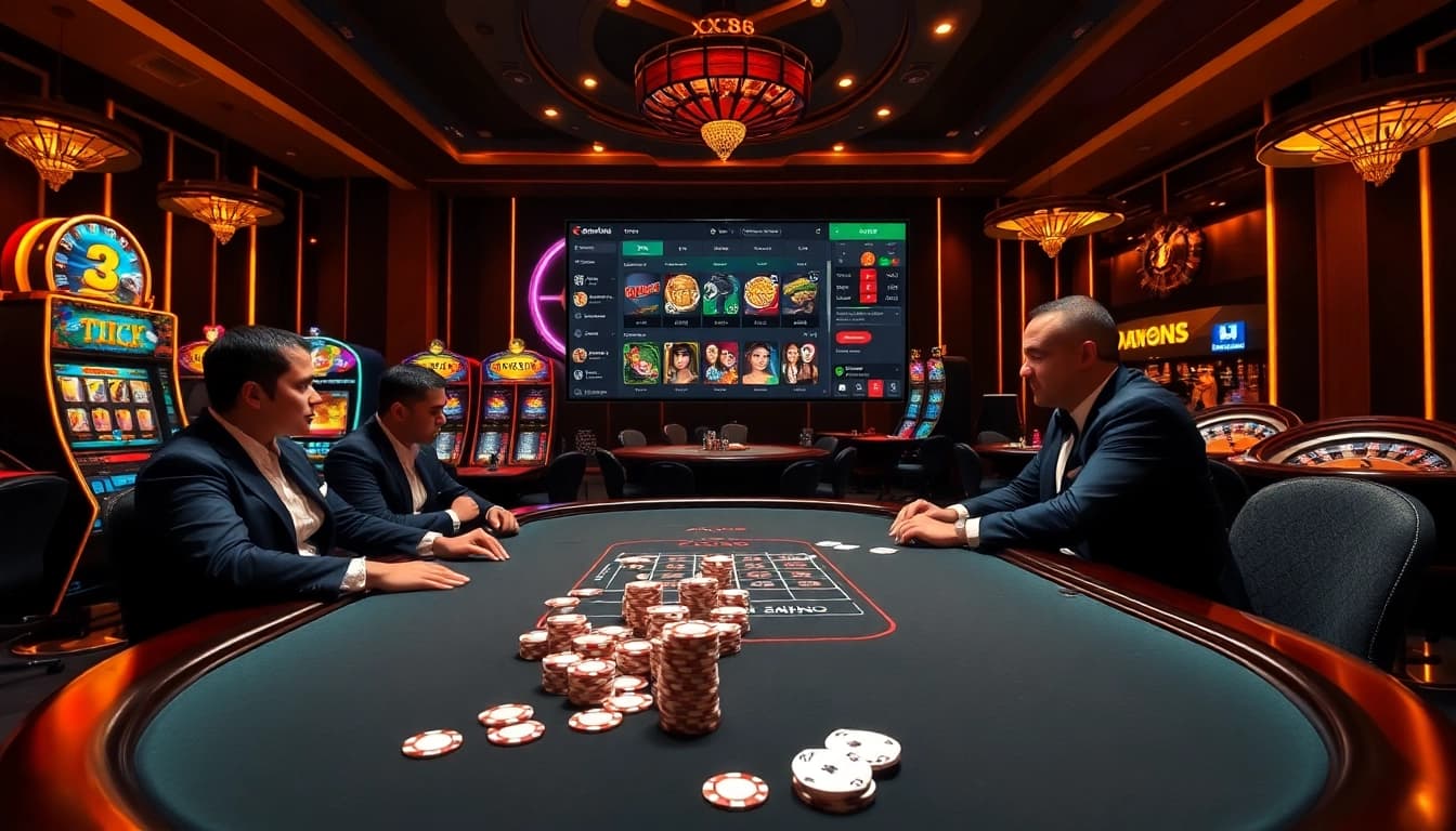 Experience the thrill of winning at https://xx88.moe/ with a luxurious casino poker table and vibrant slot machines.