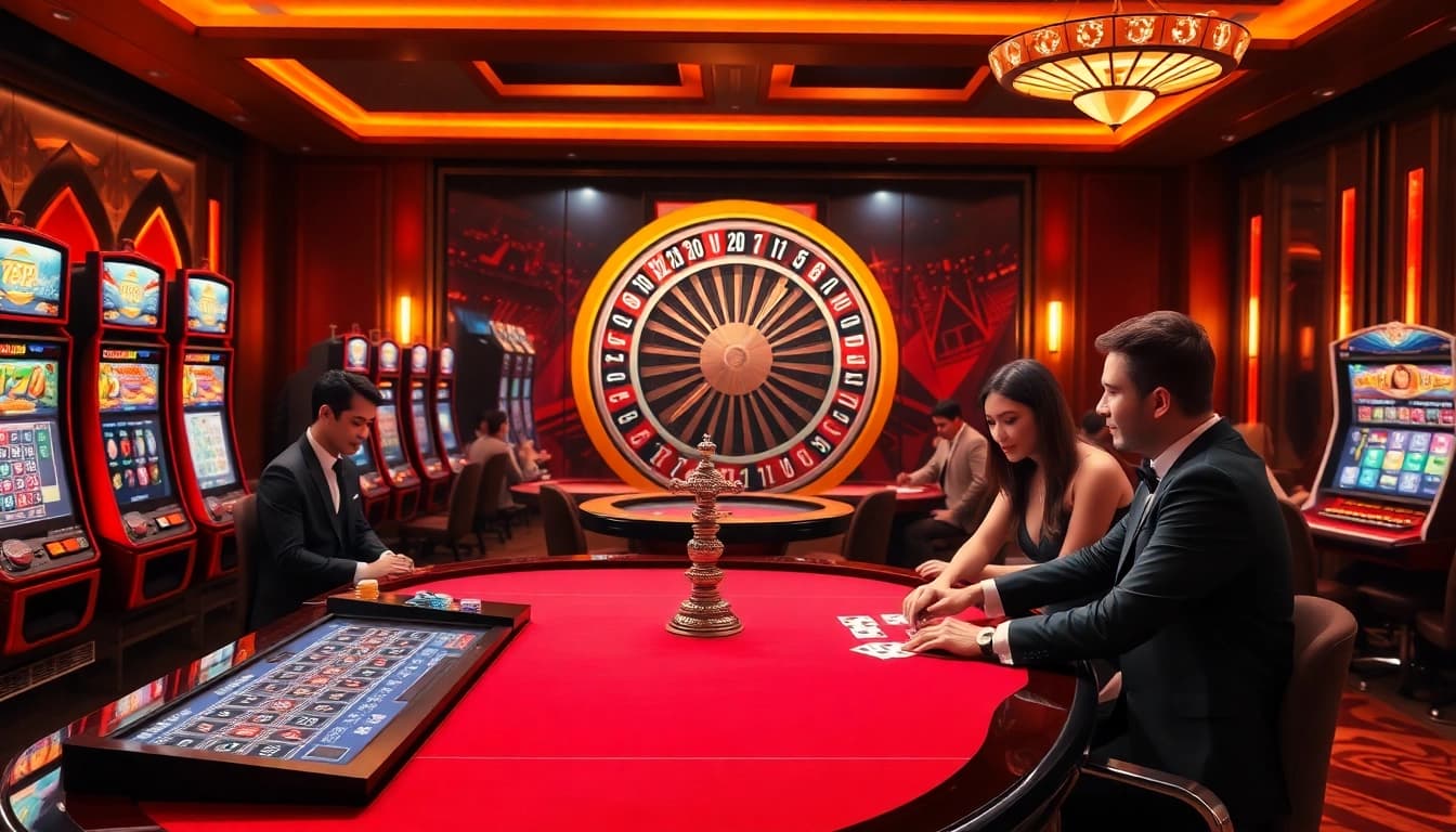 An engaging high-stakes gaming scene at https://555win5.co.com/ featuring a roulette wheel and vibrant slot machines.