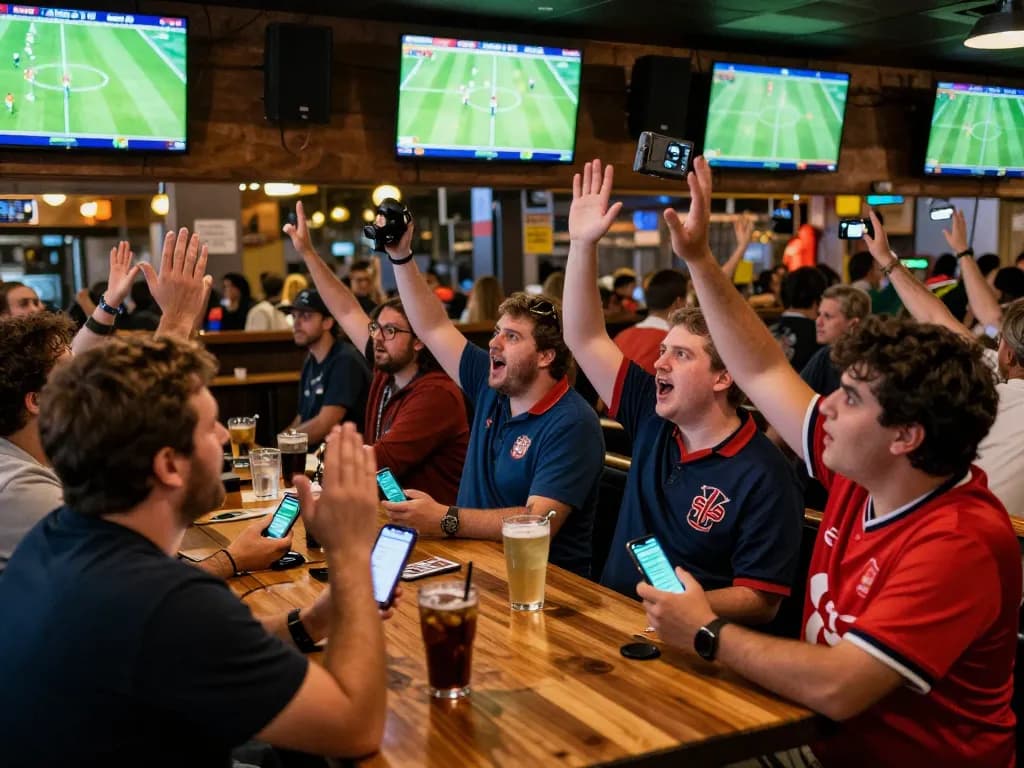 Tỷ Lệ Bóng Đá bettors placing bets on mobile apps in a lively sports bar atmosphere