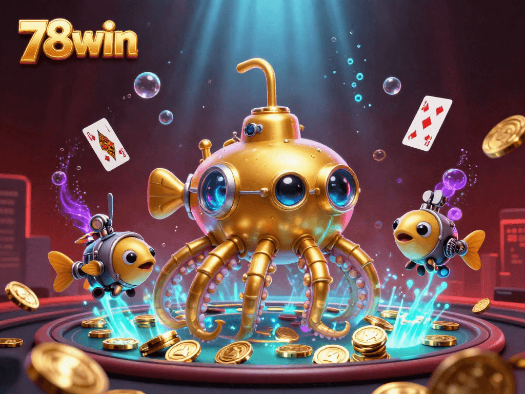 Experience the thrill of 78win's casino adventure with a vibrant 3D kraken submarine illustration.