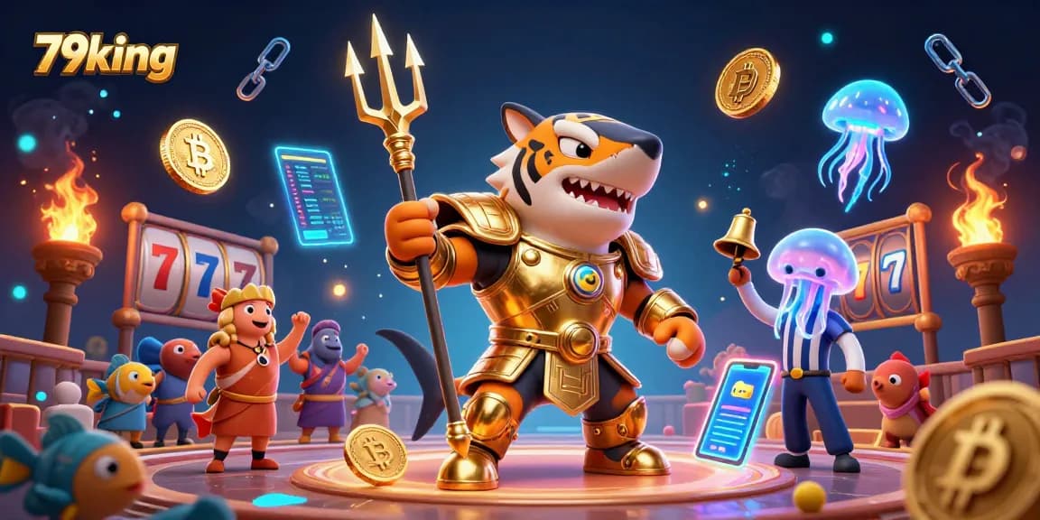 Try your luck at 79king with an engaging underwater casino scene featuring a tiger shark and slot machines.