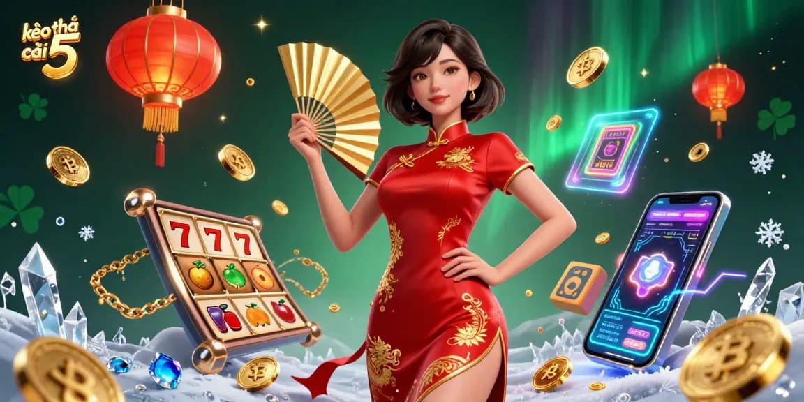 Engage with kèo nhà cái 5 featuring vibrant slot elements and beautiful Asian woman in a casino atmosphere.