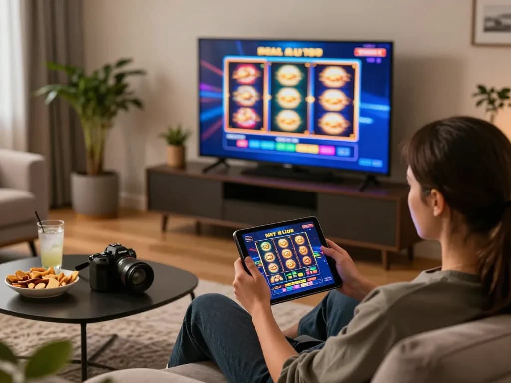 Player engaging in HIT CLUB online casino gameplay on a tablet, creating an immersive home gaming experience