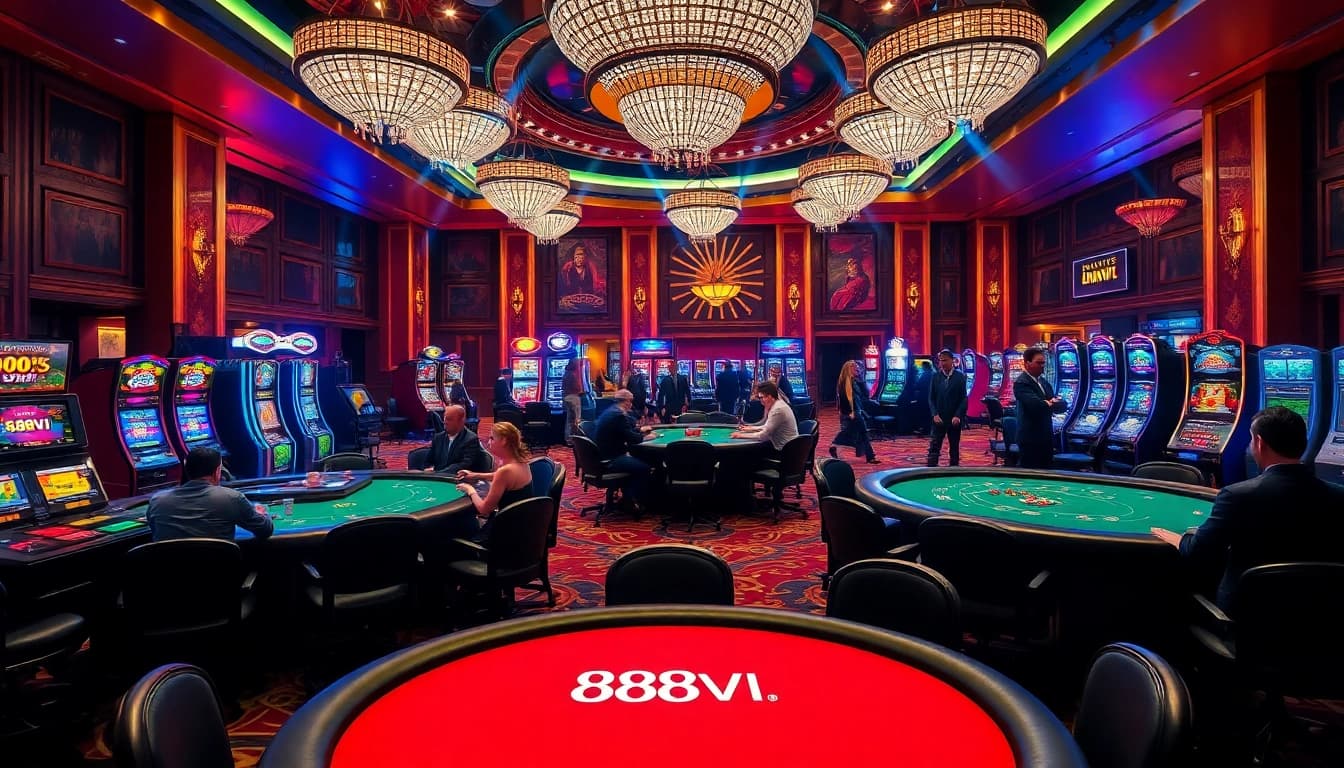 Players enjoying thrilling casino games at 888VI, surrounded by vibrant slot machines and roulette wheels.