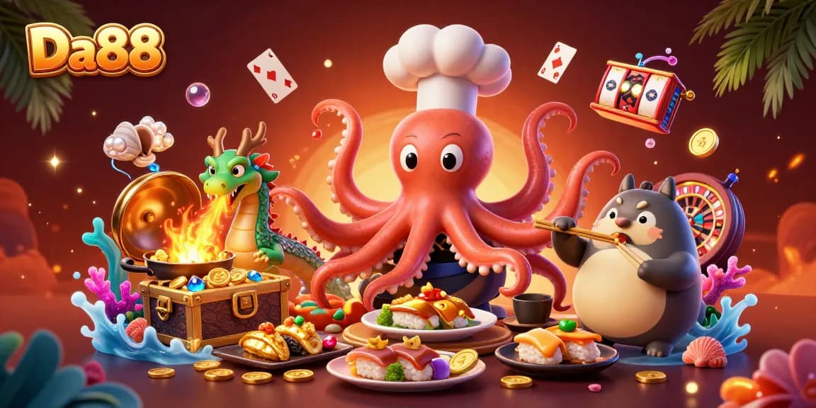 Engage with Da88's thrilling casino scene featuring an octopus chef and vibrant dragon