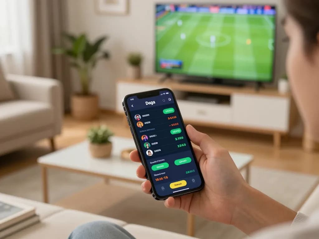 Daga betting scene with smartphone displaying real-time odds in a cozy home setting