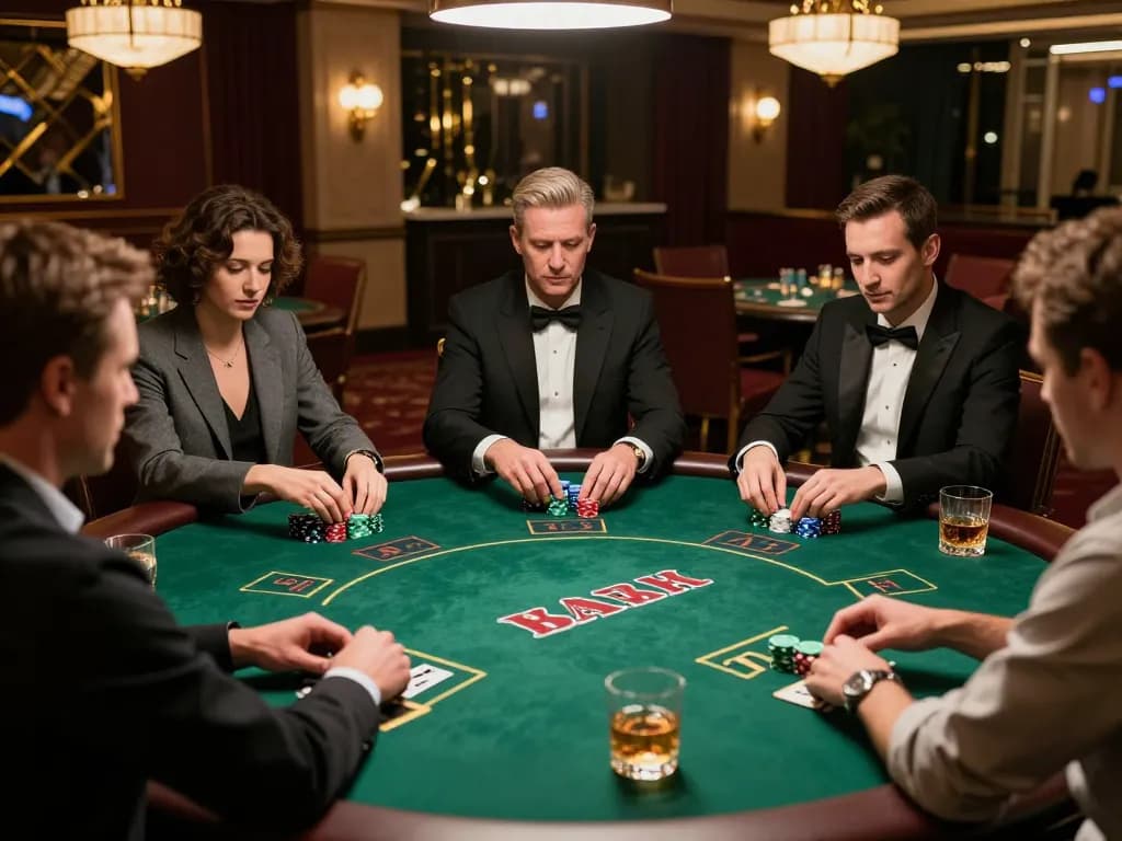 79KING players strategizing during a high-stakes poker game with elegant décor and chips