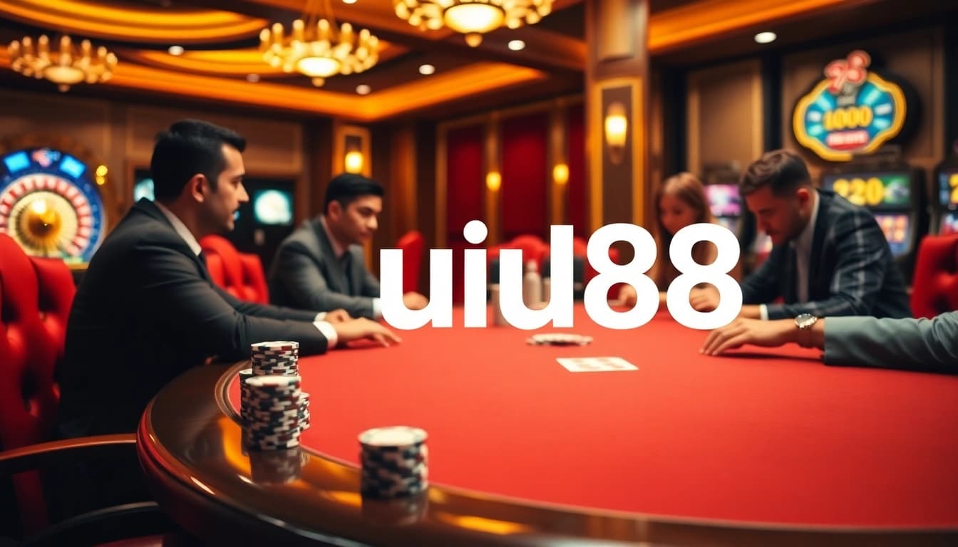 Experience the thrill of gambling at UU88’s luxurious poker table with eager players and vibrant casino elements.
