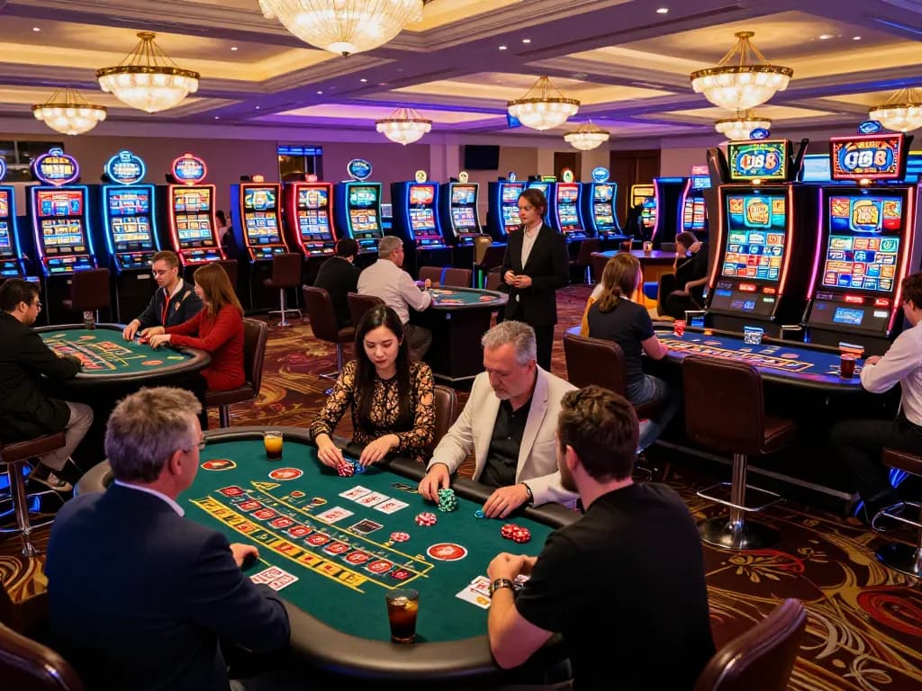 Players enjoying an exciting night at go8 casino, engaging in roulette and blackjack amid vibrant lights.