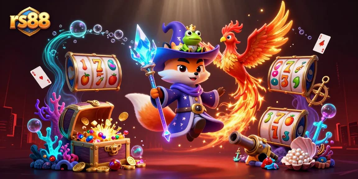 Experience thrilling slots with rs88 in a vibrant casino scene featuring mystical characters and treasures.