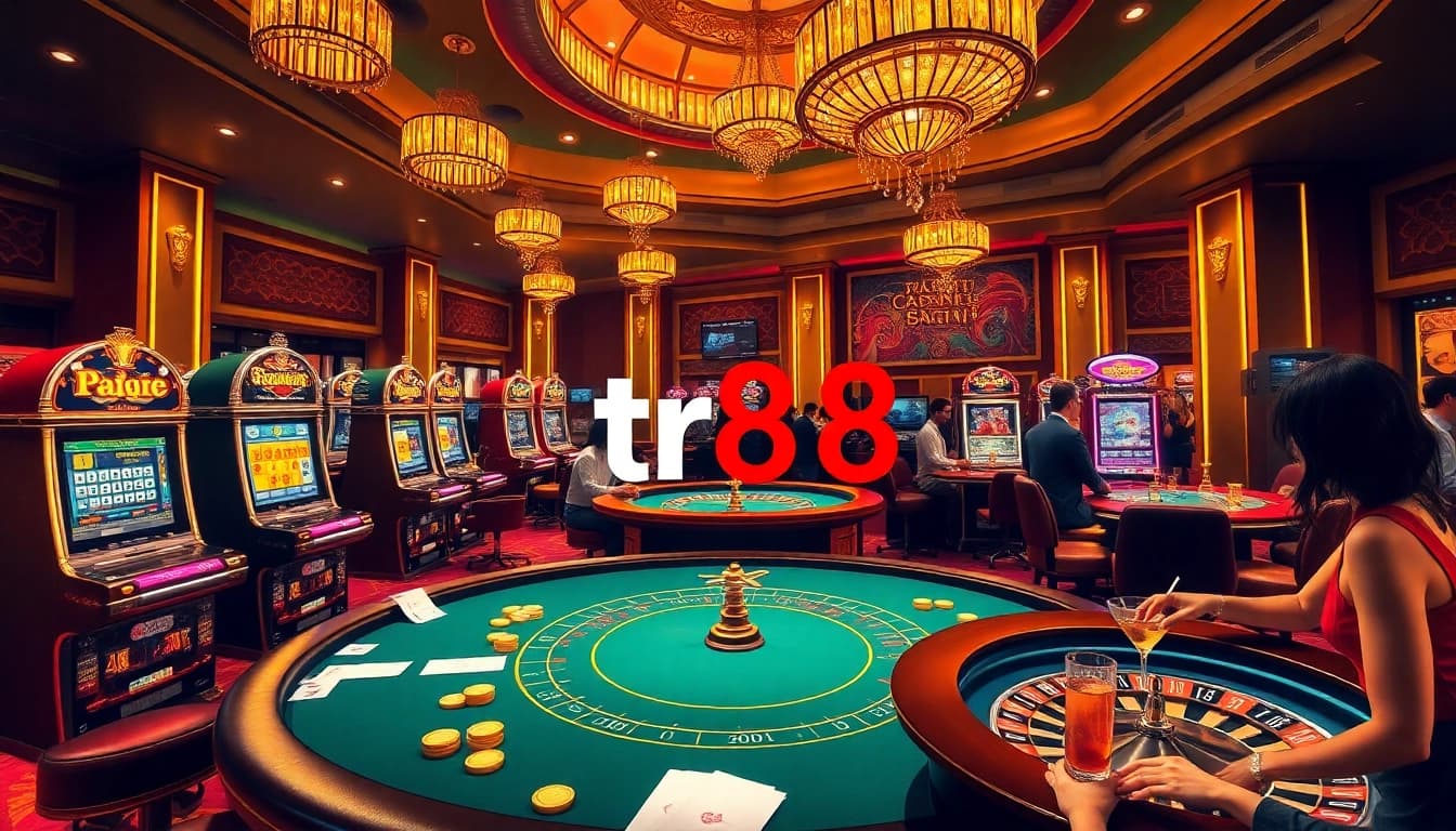 Experience the excitement of tr88 with players at a luxurious casino table and vibrant gaming machines.