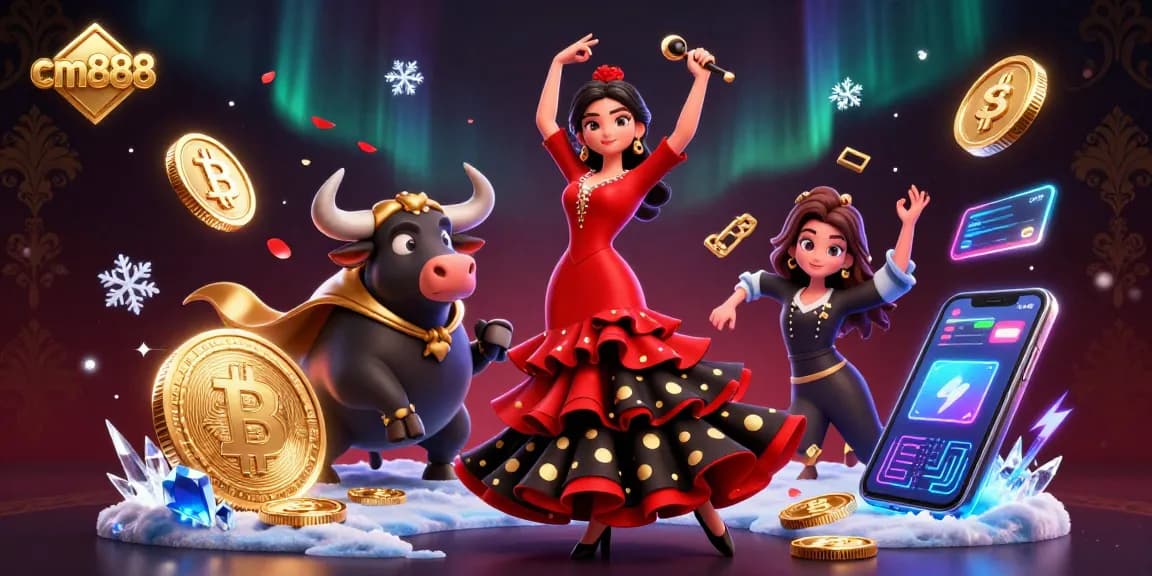 Experience excitement with cm888 in a vibrant 3D casino scene featuring crypto coins and dynamic design elements.