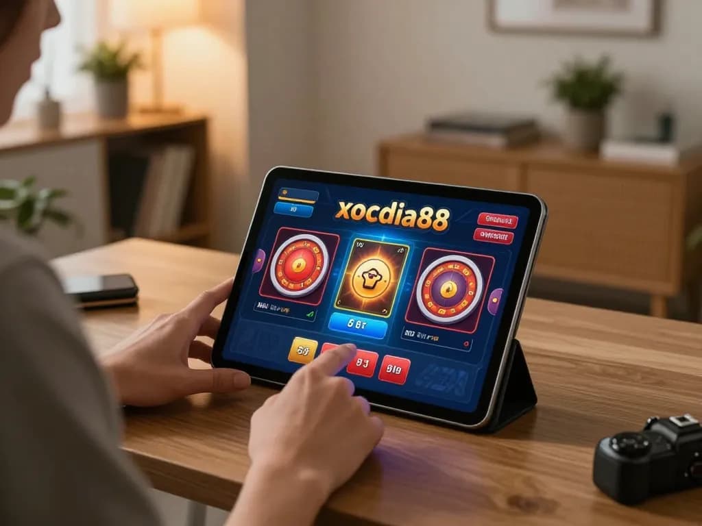xocdia88 player engaging in online gaming on tablet with warm lighting and modern decor
