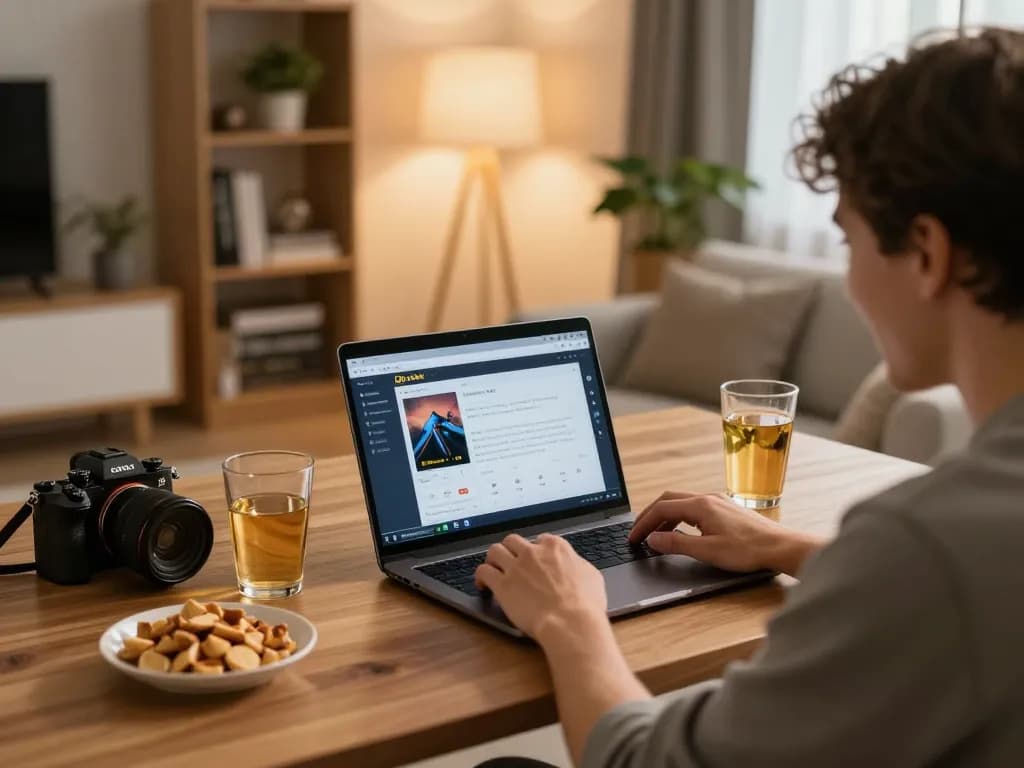 Người chơi tận hưởng Link 12bet trên laptop trong không gian ấm cúng tại nhà với đồ ăn vặt và đồ uống xung quanh.