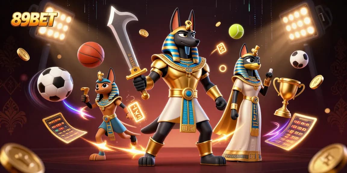 Win big at 89BET with Egyptian warrior Anubis and sports symbols in a vibrant casino scene.
