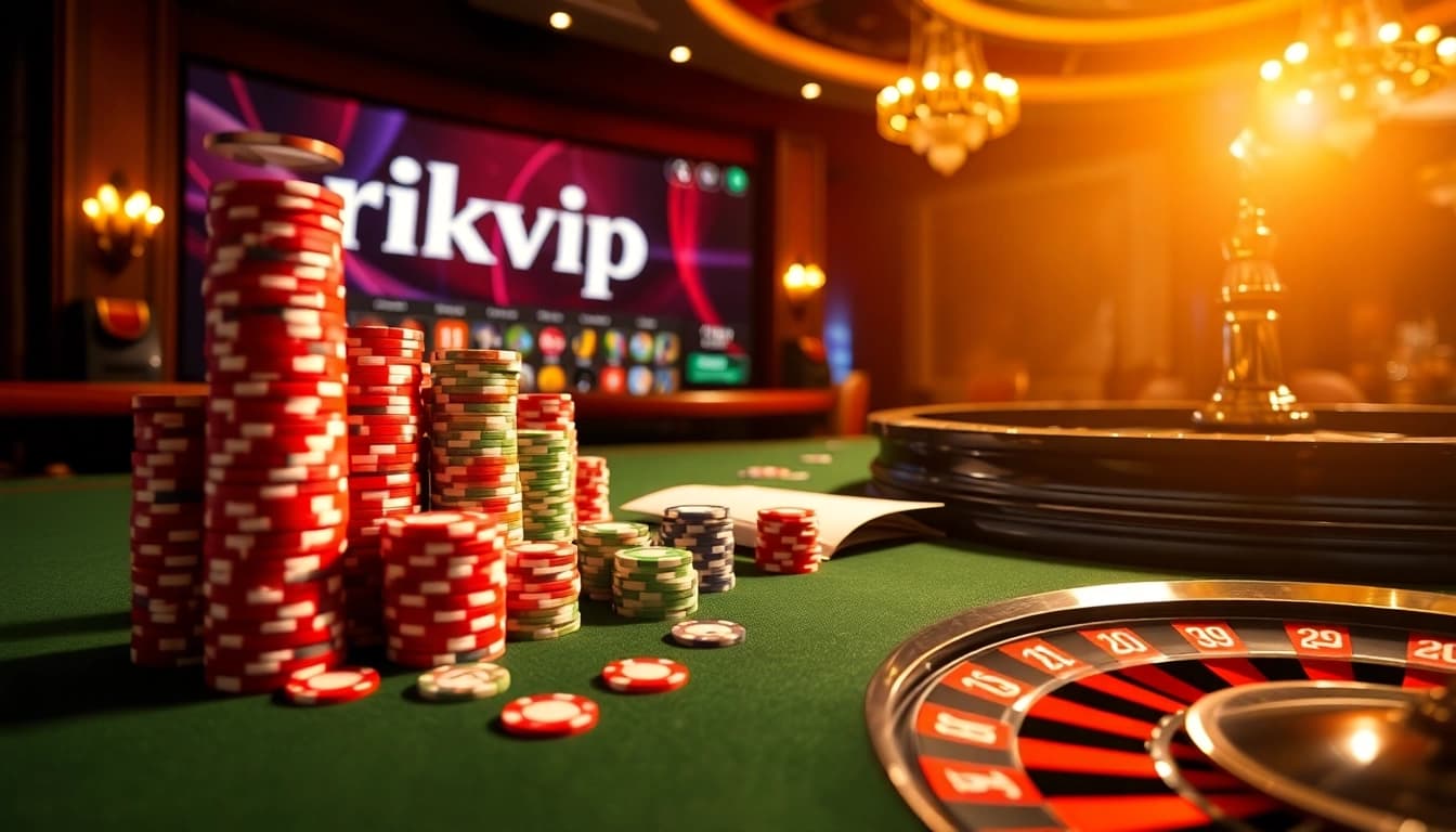 Experience thrilling gameplay at Rikvip with vibrant poker chips and engaging casino tables.
