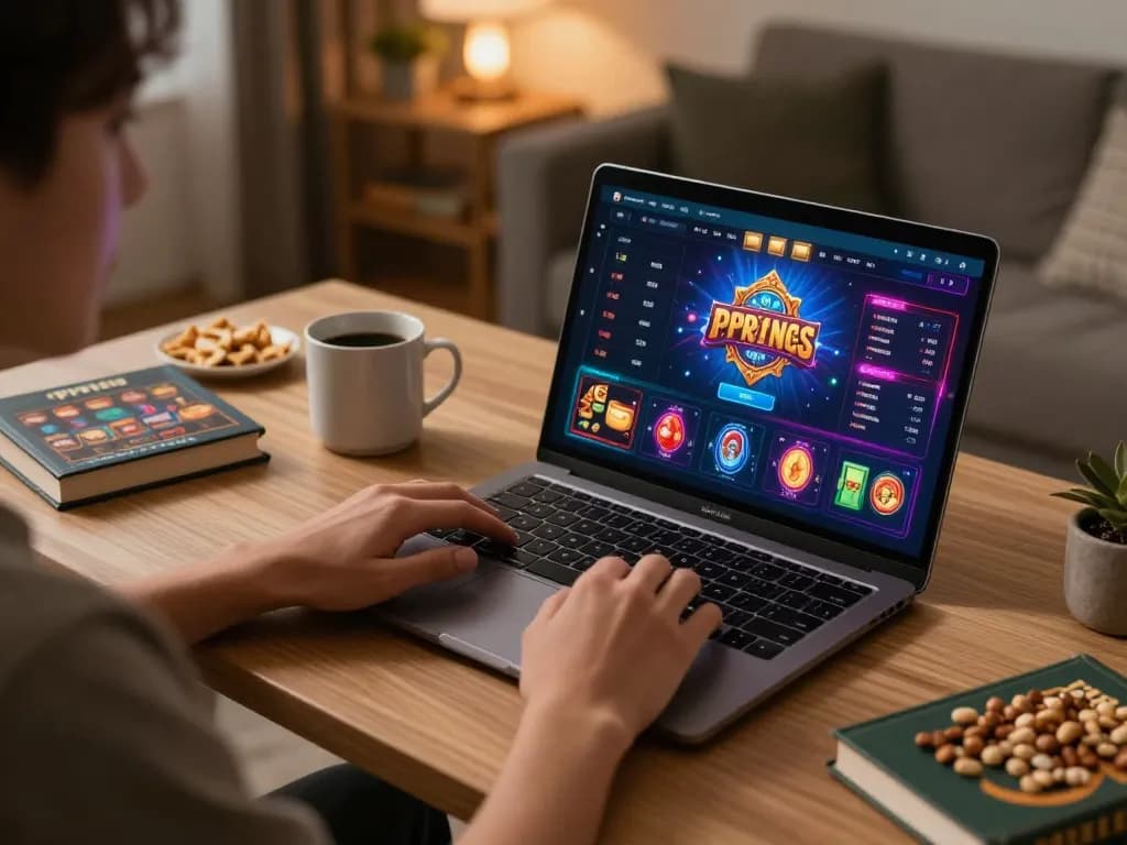 Play online casino games with 79 KING on a laptop in a cozy home setup showcasing modern technology.