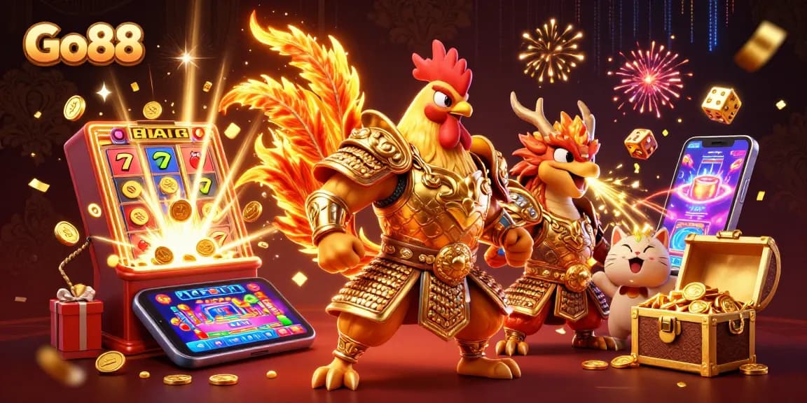 Go88 players experience excitement with a 3D illustration of a roaring slot machine and dynamic characters.