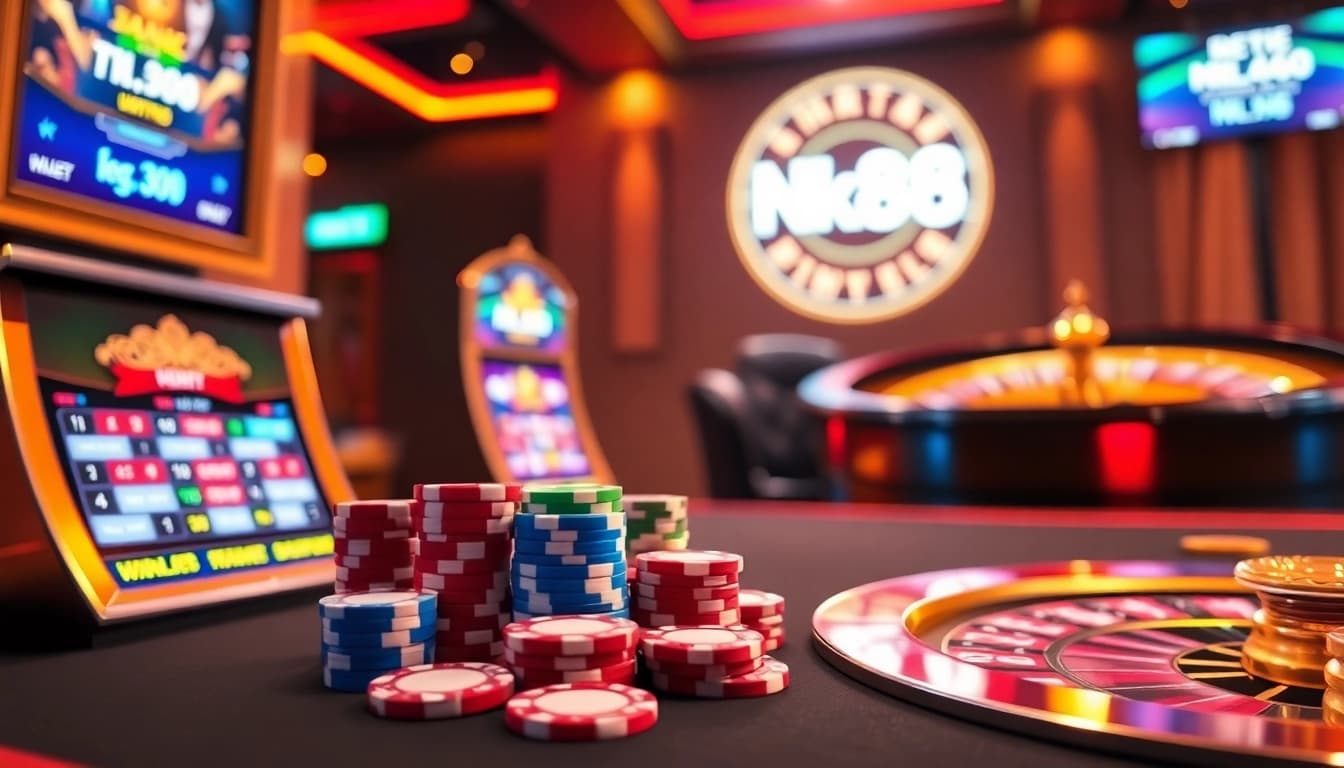 Players enjoying excitement at an nk88 online casino table with vibrant slot machines.