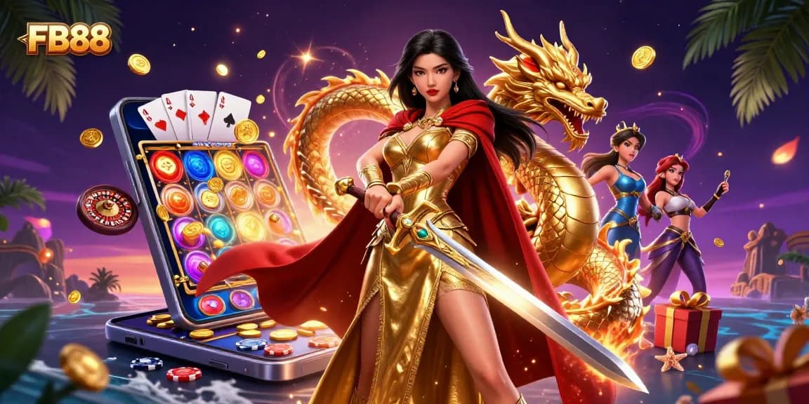 Experience thrilling gaming adventures with FB88, showcasing a captivating warrior queen and golden casino elements.