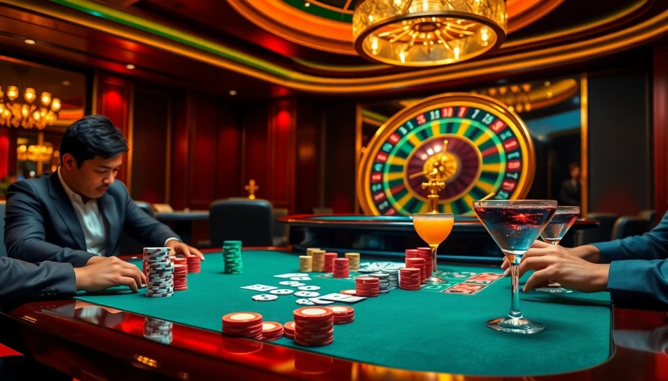 Players immersed in an intense poker game at say88 casino, colorful chips and cards abound.