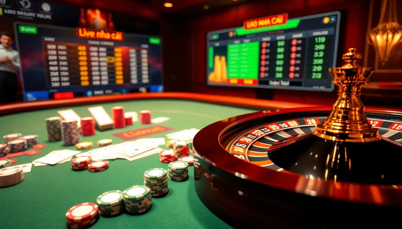 Intense gambling scene with live 'keo nha cai' betting odds on casino tables highlighting excitement.