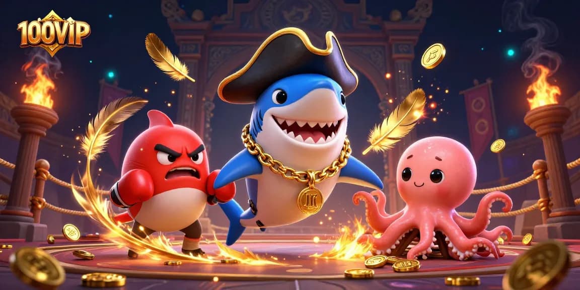 Join the fun at 100VIP with exciting characters in a dynamic casino scene, showcasing action-packed gambling thrills.