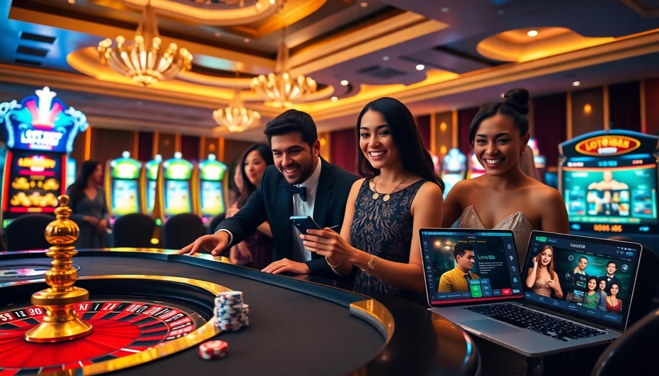 Loto188 players engaging in high-stakes casino games with excitement and professional ambience.