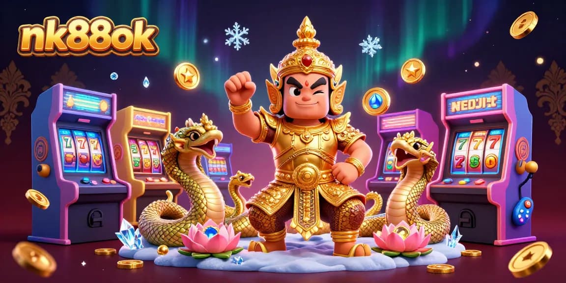 Engage with thrilling action at nk88ok, featuring a vibrant casino scene with yaksha guardian, arcade games, and golden coins.