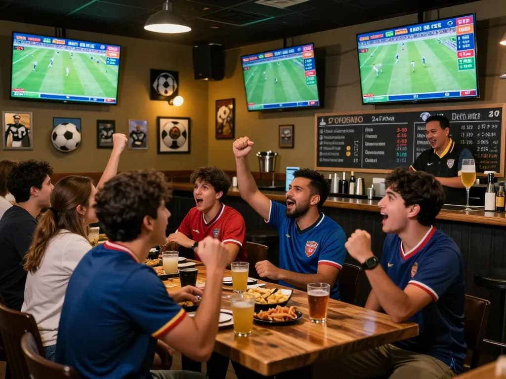 Engaged fans celebrating cá độ bóng đá at a bustling sports bar during a live match.