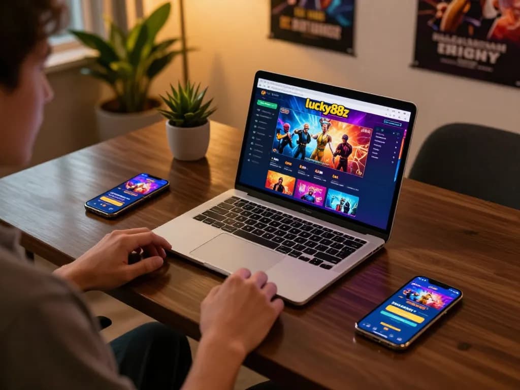 Engaging gaming moment at lucky88z online casino with laptop and smartphone in a cozy setup.
