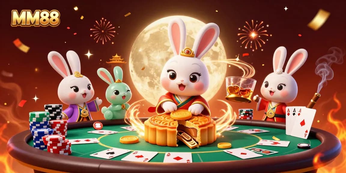 Experience the excitement of MM88 with a moon rabbit and poker symbols in a vibrant 3D casino scene.