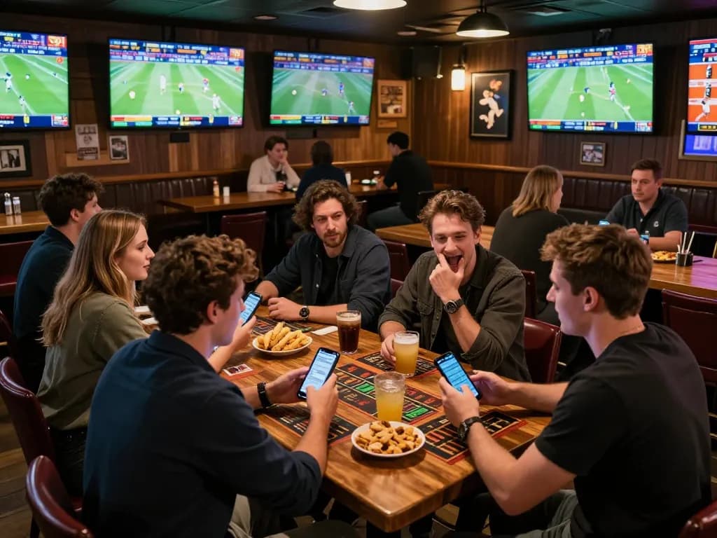 Soi kèo strategies in a lively sports bar setting with patrons actively placing bets and discussing games.