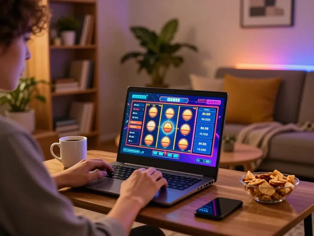 Player enjoying the GK88 game on a laptop in a cozy home environment with warm lighting.