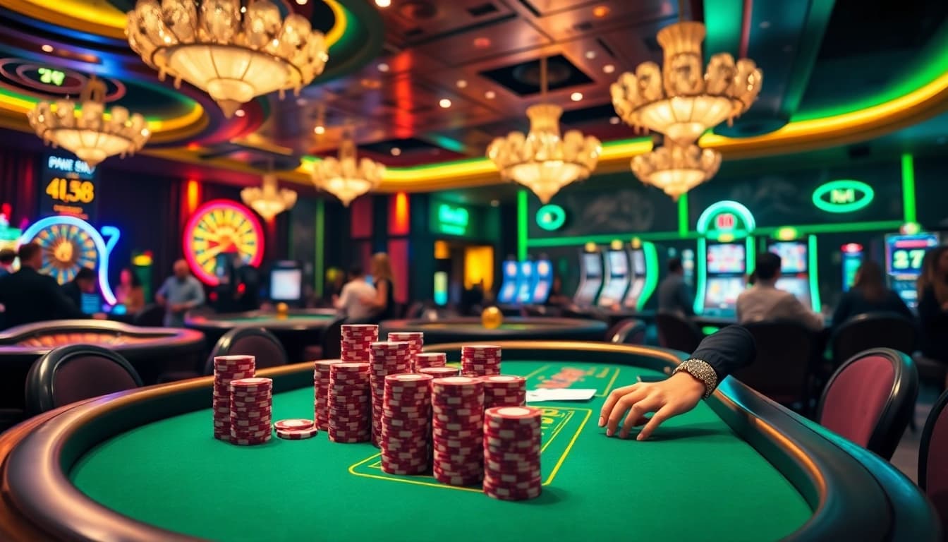 Experience the excitement of Jun88 with vibrant casino tables filled with poker chips and lively players.
