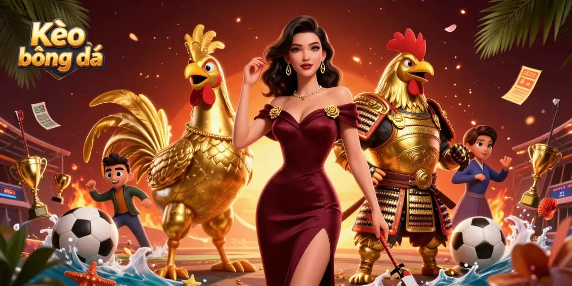 Kèo bóng đá scene showcasing glamorous woman and golden rooster warrior among dynamic sports betting elements, vibrantly illustrated.