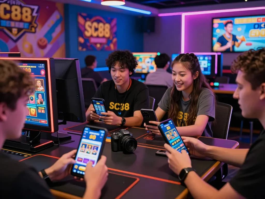 Engaged players exploring SC88 app's dynamic features in an energetic gaming lounge