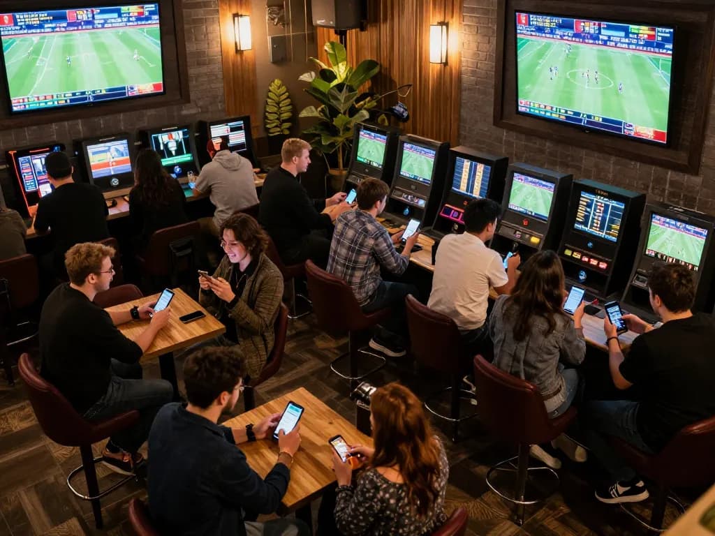 SboBet users placing bets in a lively sports betting lounge, showcasing excitement and engagement.