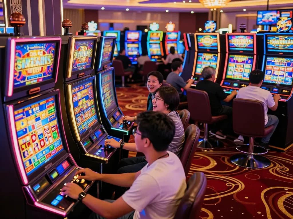 Players enjoying Slot Malaysia machines in a lively casino, capturing excitement and dynamic gameplay.