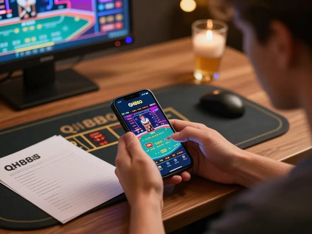 Player engaging with the QH88GO app for live dealer gaming while preparing notes for strategy.