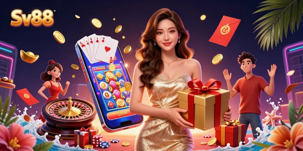 Experience the vibrant casino atmosphere with Sv88, featuring a stunning Asian model highlighting golden coins and festive elements in a Lunar New Year theme.