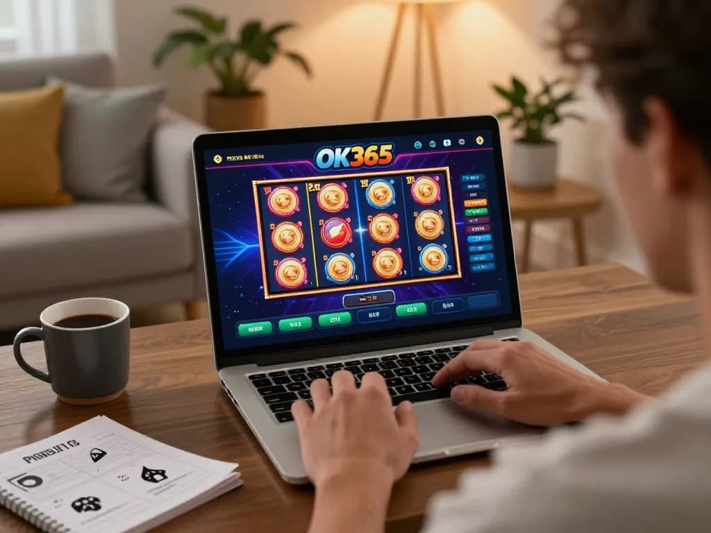 Engaging with OK365 casino app on a sleek laptop in a cozy living room, combining relaxation and gaming.