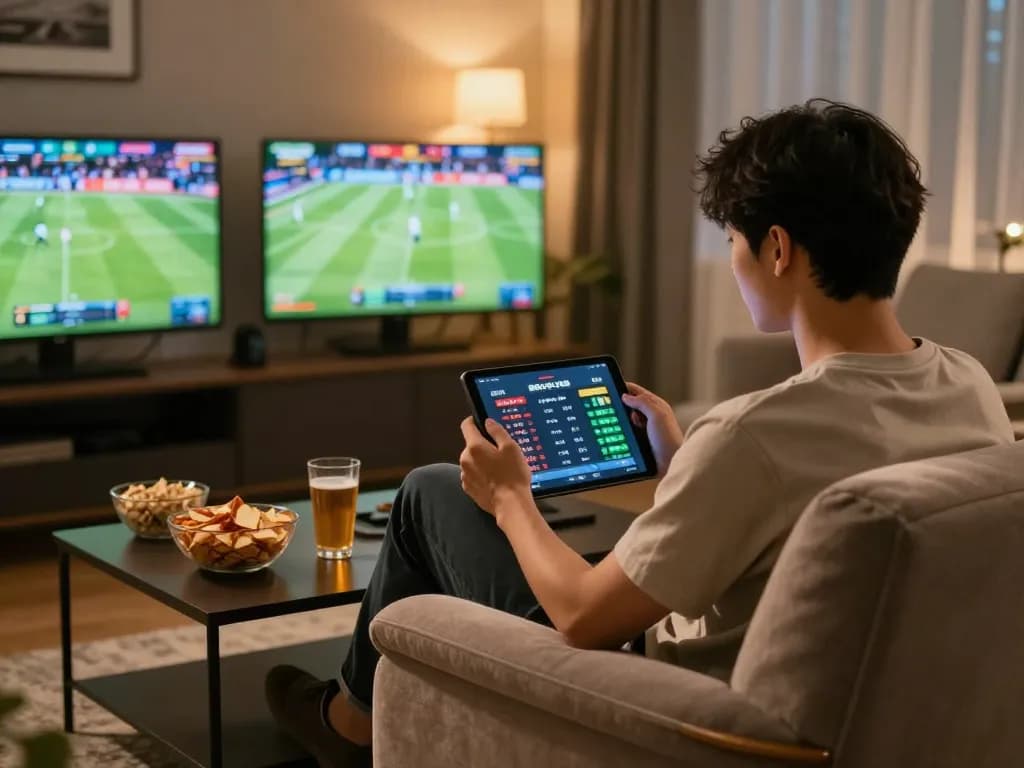 Person using the Bsport app for sports betting in a cozy home gaming room.