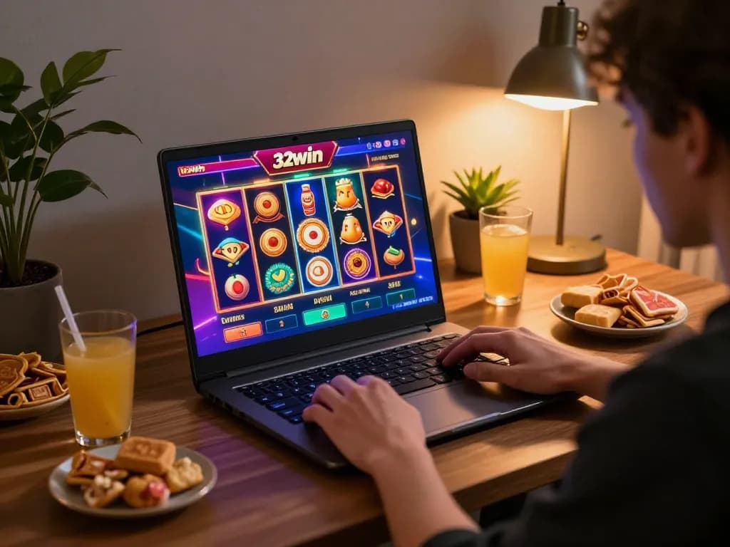 Engaging online gaming experience with 32win casino slots on a laptop