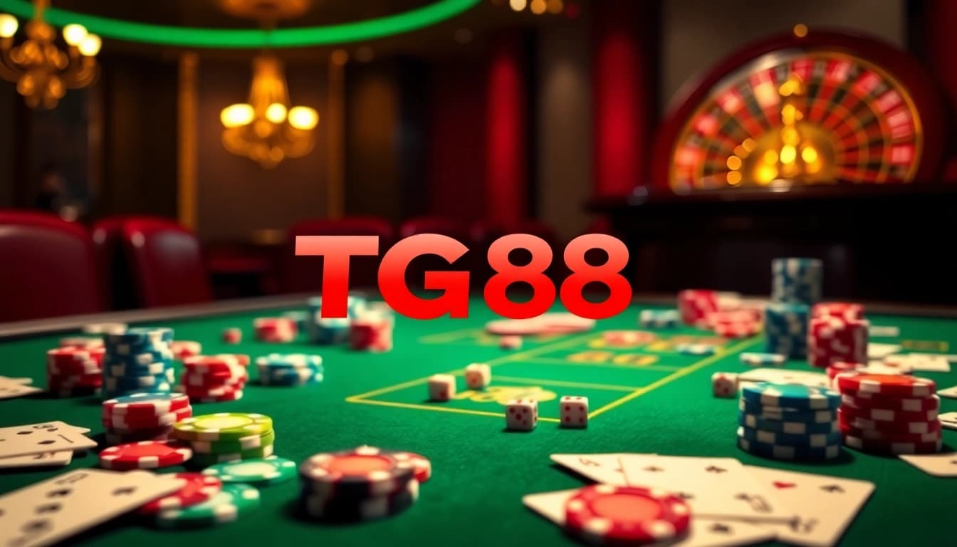 Join the excitement at TG88, where players engage with colorful poker chips and cards in a luxurious casino setting.